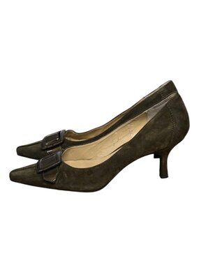 Circa Joan & David Suede Pointed Toe Buckle Kitten Heel Pumps Olive Green Sz 8